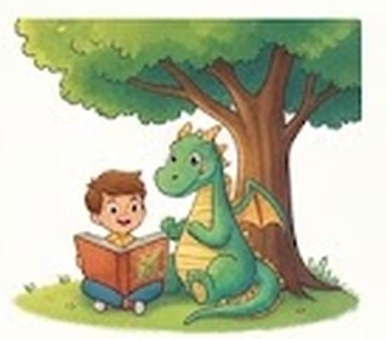 תום קורא בספר לצד הדרקון